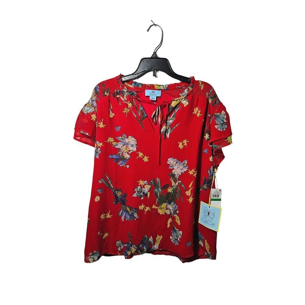 CeCe Women's Fiery Red Island Oasis Floral Tie Neck Blouse Top Size Large - Picture 4 of 7